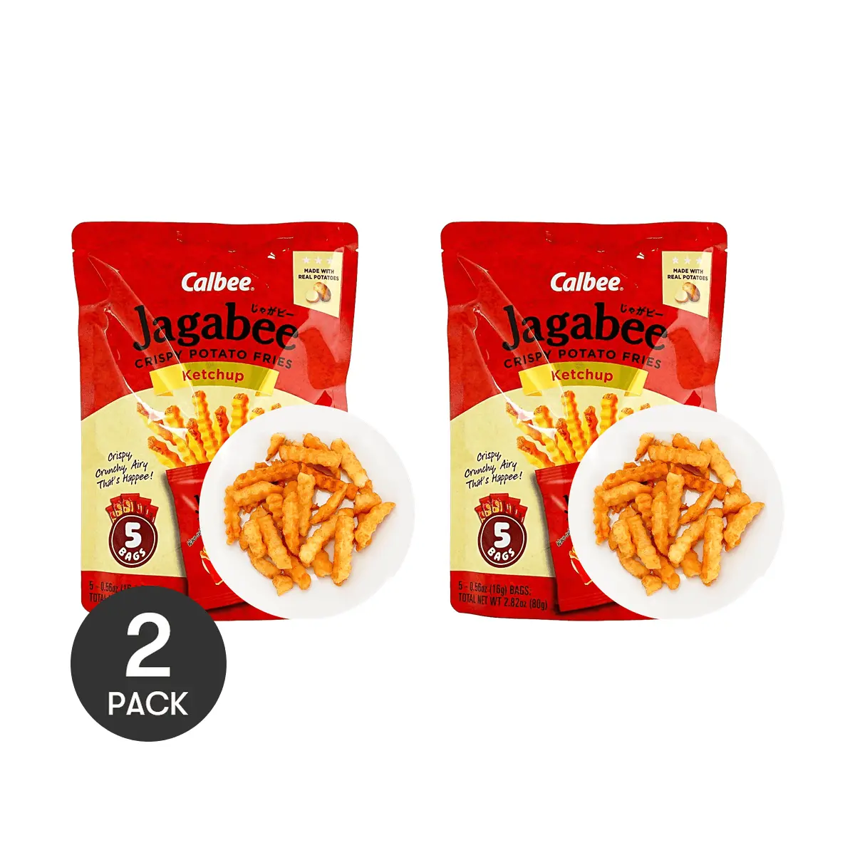 2 Pack Calbee Jagabee Potato Sticks Ketchup Flavor 5 bags 2.82 oz - Crispy Japanese Snack, Tomato