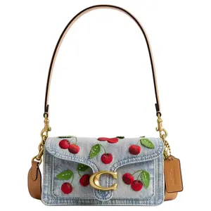 COACH Tabby 20 Small Shoulder Bag with Cherry Embroidery and Denim Fabric for Women in Blue