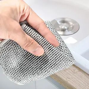Double-layer reinforced metal wire dishcloth for kitchen cleaning, scrubbing stove grime, and removing stains; steel wool pad with soft cotton side Exfoliating Mesh Sponge Sponges