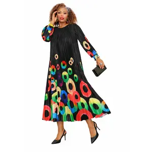 Black Pleated Maxi Dress with Multicolor Circle Print