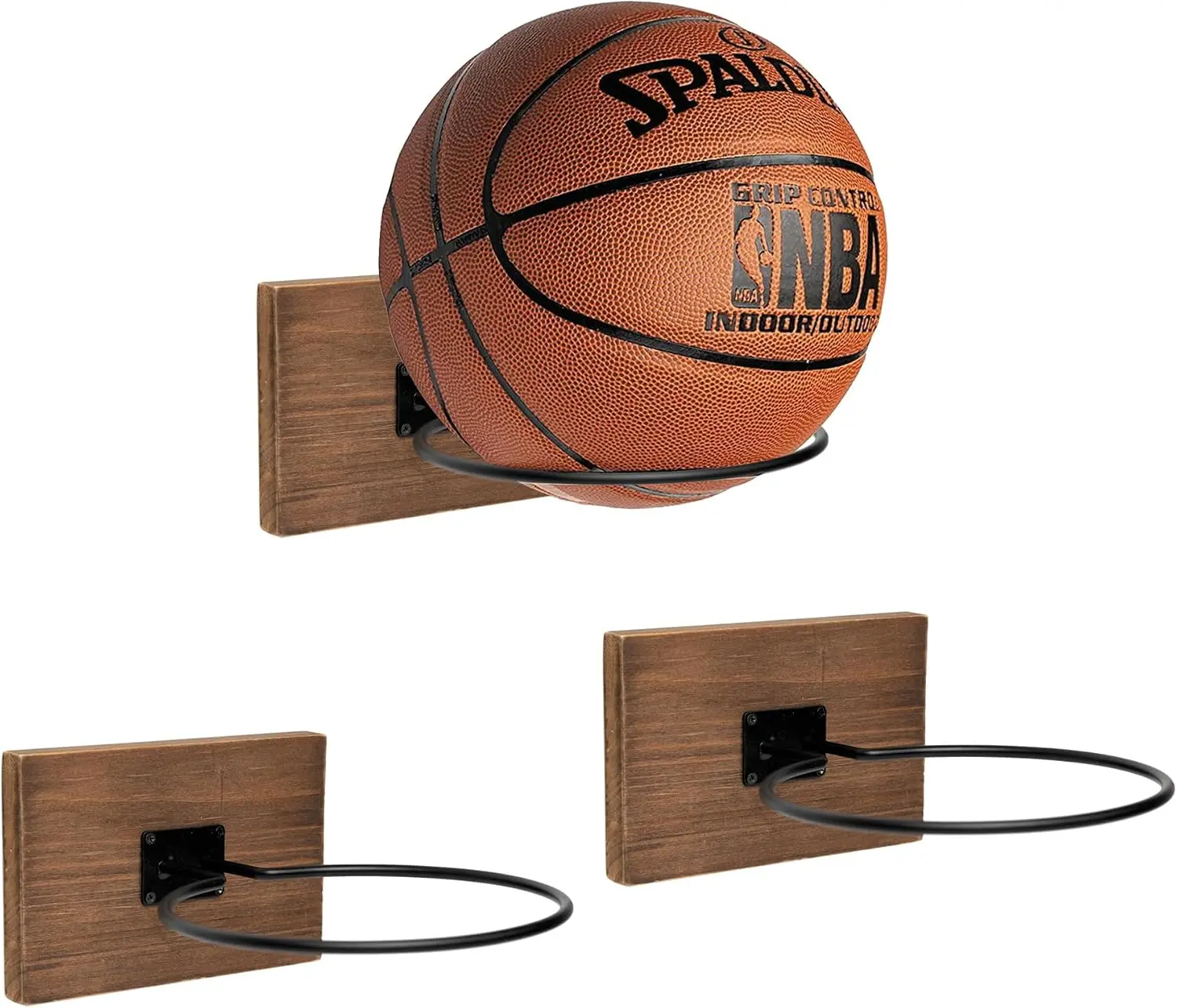 Set of 3 Wood Basketball Holder Wall Mount Display - Metal Ball Rack Stand for Basketball, Football, Volleyball Storage - Sports Decor for Boys Bedroom