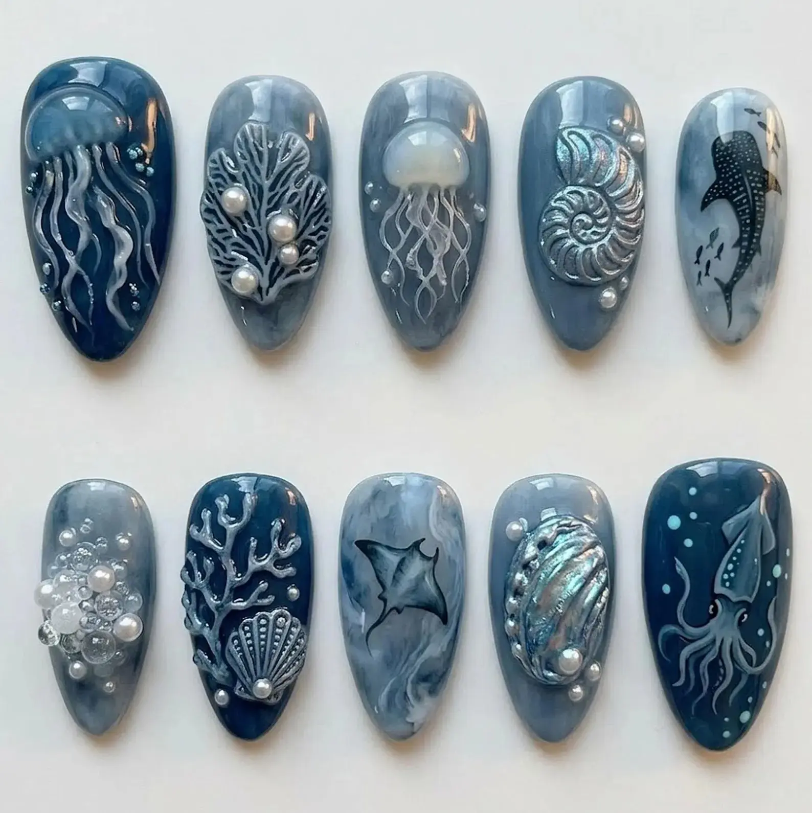 Ocean Jellyfish Press On Nails | 3D Sea Life Nail Art | Whale Shark Coral Shell Beach Nails blue nail sea nail