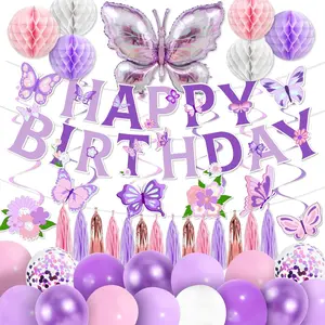 53pcs Butterfly Birthday Decorations, Purple Butterflies Decorations with Honeycomb Ball Banner Butterflies Hanging Swirl Big Butterfly Foil Balloon for Women Butterflies Girl Theme Birthday Supplies