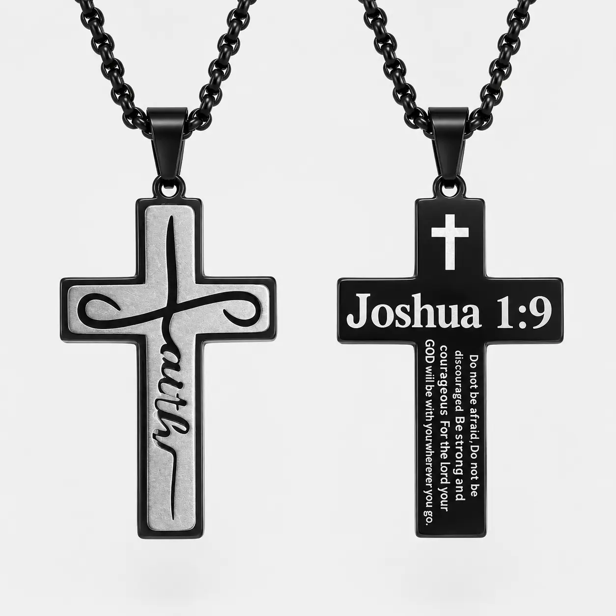 JINSOAR Christian Cross Necklace for Men, Black Stainless Steel Faith Cross Pendant with Joshua 1:9 Bible Verse Engraved, 24" Adjustable Box Chain Religious Faith Jewelry Gifts for Dad Husband