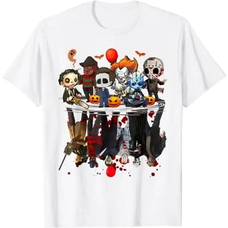 Horror Movie Characters Halloween Short-Sleeve Round Neck Graphic T-Shirt - Freddy-Jason-Chucky Gothic Casual Top For Kids & Adults, Halloween Party & Everyday Comfort