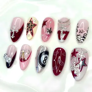 Handmade Rockstar Press On Nails | Y2K Coquette Burgundy French Tip Cross & Leopard Star Nail Set