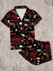 Stranger Things Sleepwear Pajama Set Two-Piece Graphic Geometric Fitted Collared Lapel Button Top and Shorts, Women's Casual Home Wear Loungewear, Comfortable Party, All Seasons, Cute Pajama Sets, Matching Pj Set