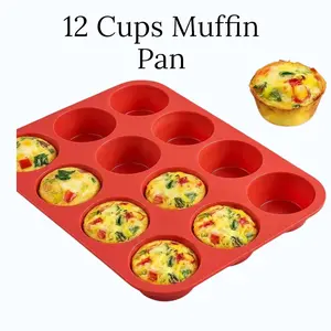 12-Cup Silicone Muffin Pan – Nonstick Regular Size Cupcake Baking Mold, Food Grade Reusable Silicone Baking Tray for Muffins, Cupcakes & Desserts, Red