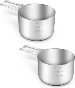 Pack of 2 Single Measuring Cup, Stainless Steel Measure Scoop, Metric and US Measurement, Dishwasher Safe Measuring Cup (240ml, 8oz)
