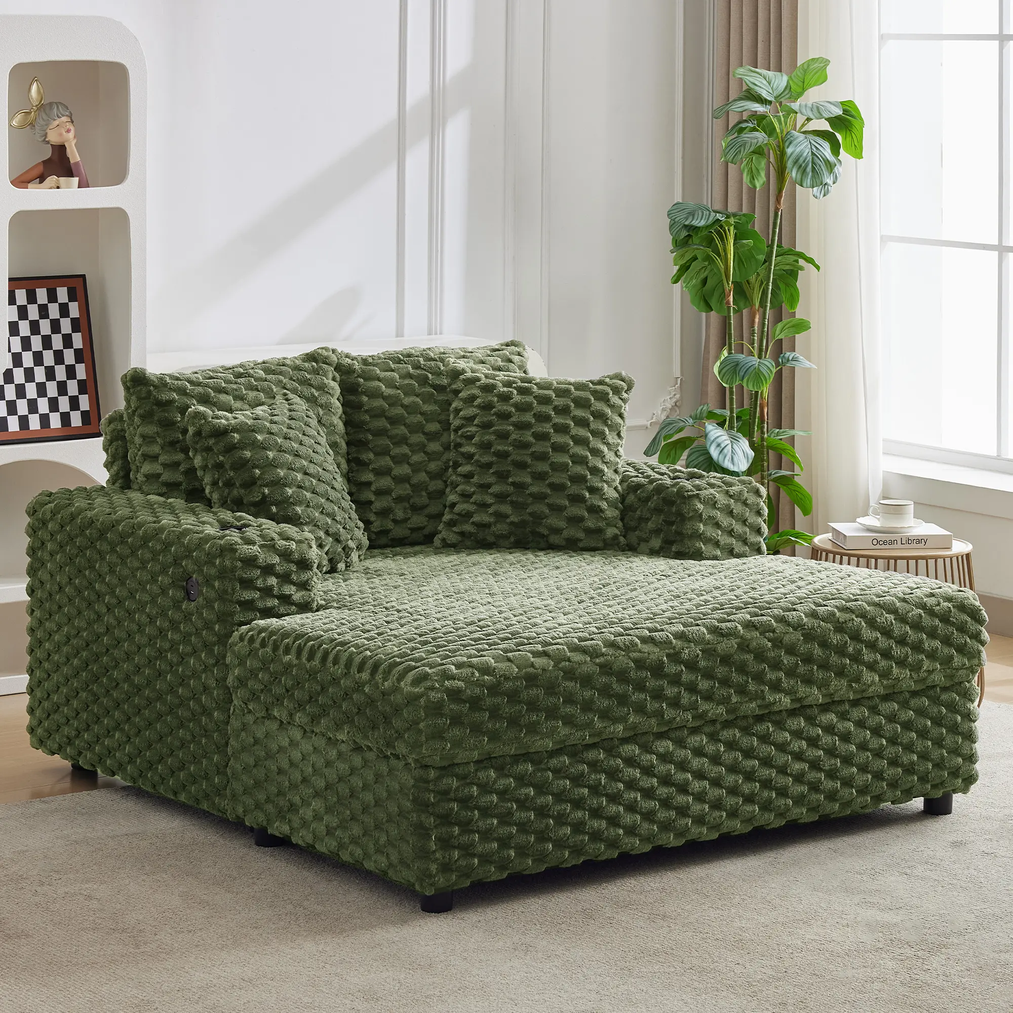 Oversized Indoor Chaise Lounge Chair, 60" Upholstered Modern Sleeper Couch with Armrests & Throw Pillows, Comfy Accent Sofa Bed for Living Room, Bedroom