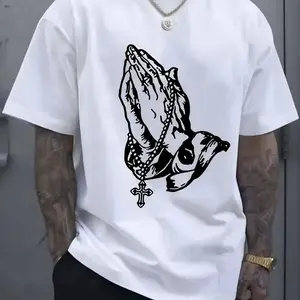 Men's "Pray" Graphic   T-Shirt - White, Breathable & Comfortable, Short Sleeve, Round Neck, Casual Summer Wear, Everyday Clothing |     Streetwear Fashion |     Smooth Texture