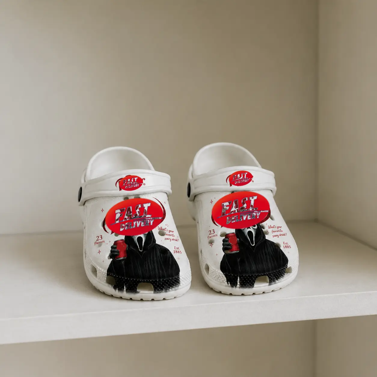 (No Box) Spooky Red Soda Horror Clogs, Ghost Mask Graphic Clog Shoes, Retro Soft Drink Inspired Slip-On Footwear,  Horror Fan Gift