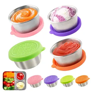 4/8Counts 1.7oz(50ml) Salad Dressing Container with Lid, 304 Stainless Steel Sauce Cup with Leak-proof Silicone Lid, Portable Seasoning Container for Office/School/Outdoor/Camping/Hiking/Picnic/Meal Preparation, Kitchen Storage, Dishwasher Safe Set