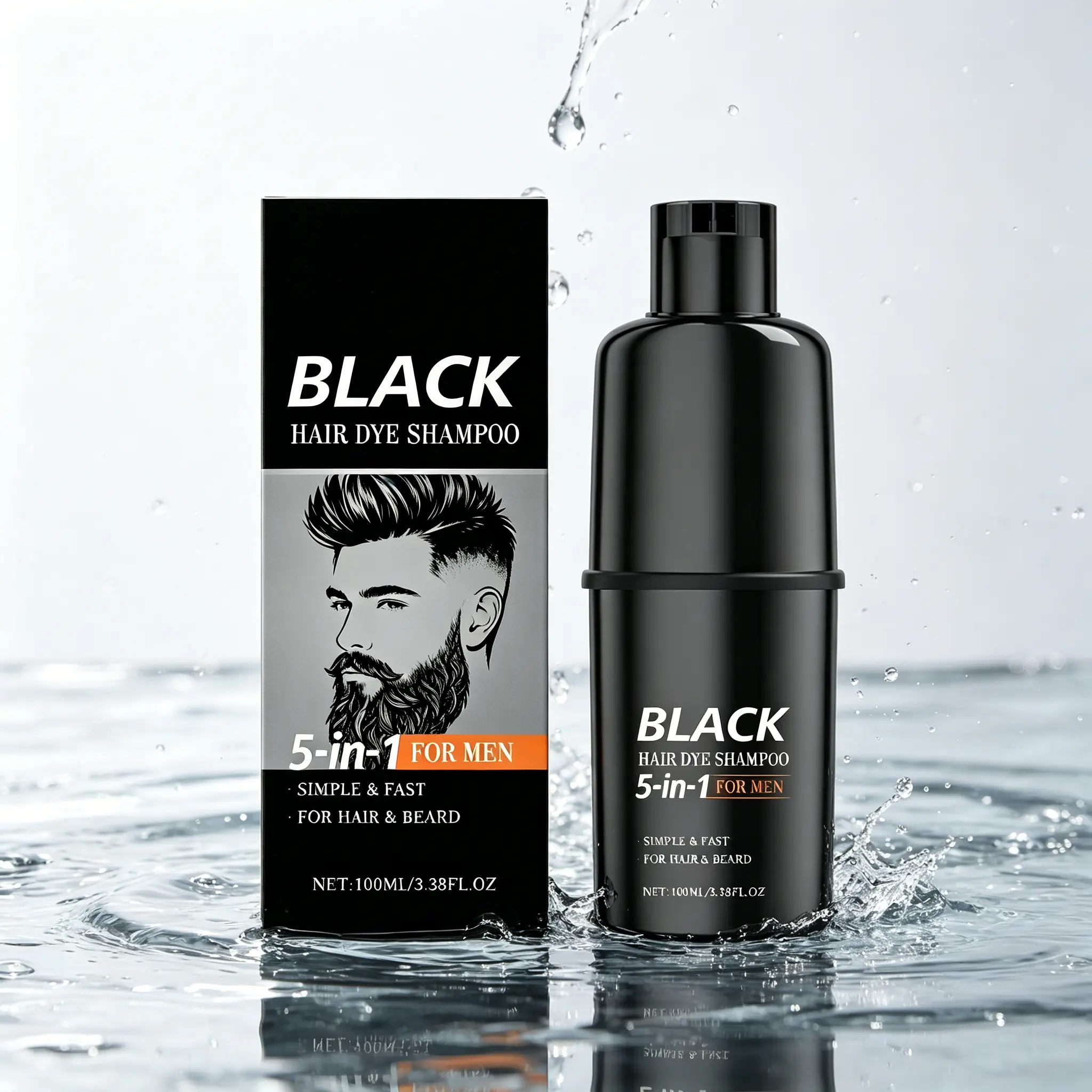 Black Hair Color Shampoo for Men, 5-in-1 Dark Hair Shampoo & Beard Grooming Tint for Gray Coverage, At-Home Haircare, 100ml, Beard Grooming Shampoo, Hair Dye Shampoo, Adults