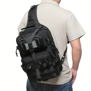 Versatile Black Tactical Shoulder Bag with Silicone Flag & 2 D-Ring Attachments - Durable Nylon, Multiple Pockets, Ideal for Outdoor Activities, Hunting, Fishing, Backpacks