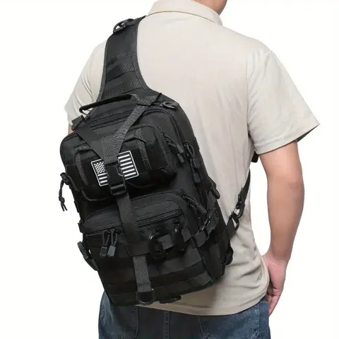 LUCIERNAGA Unisex Tactical Shoulder Bag - Black Durable Nylon, Silicone Flag, 2 D-Ring Attachments, Multiple Functional Pockets, Tactical Gear and Accessories for Outdoor Enthusiasts Hunting/Fishing
