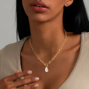 TEWIKY Greenish Spring Jewelry Gold  O-Chain OT Clasp Cross/Shell Pearl Necklace for Women Dainty Simple Pendant with Elegant Hypoallergenic Jewelry Party Daily Wear,Layered Chain Jewelry for Gifts, Holiday gifts,Easter