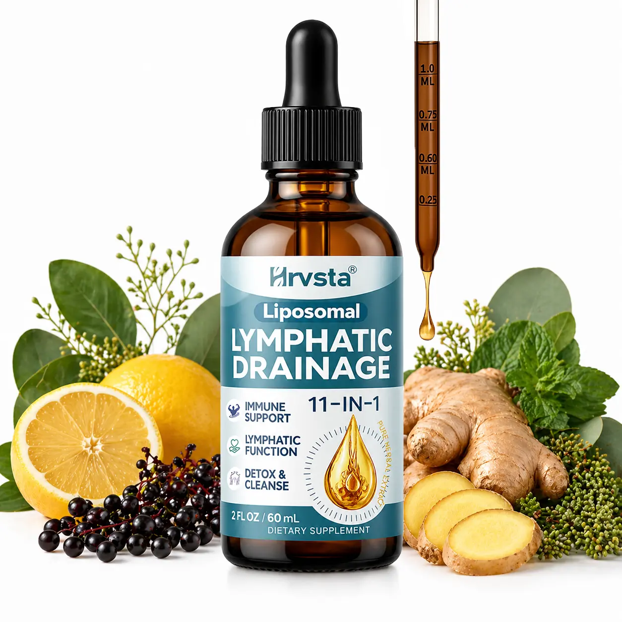 11-in-1 Liposomal Lymphatic Support Liquid Drops - Organic Botanical Herbal Blend with Burdock Root, Echinacea, Elderberry, Cleavers, Daily Lymph Wellness Healthcare Supplement, 2 fl oz