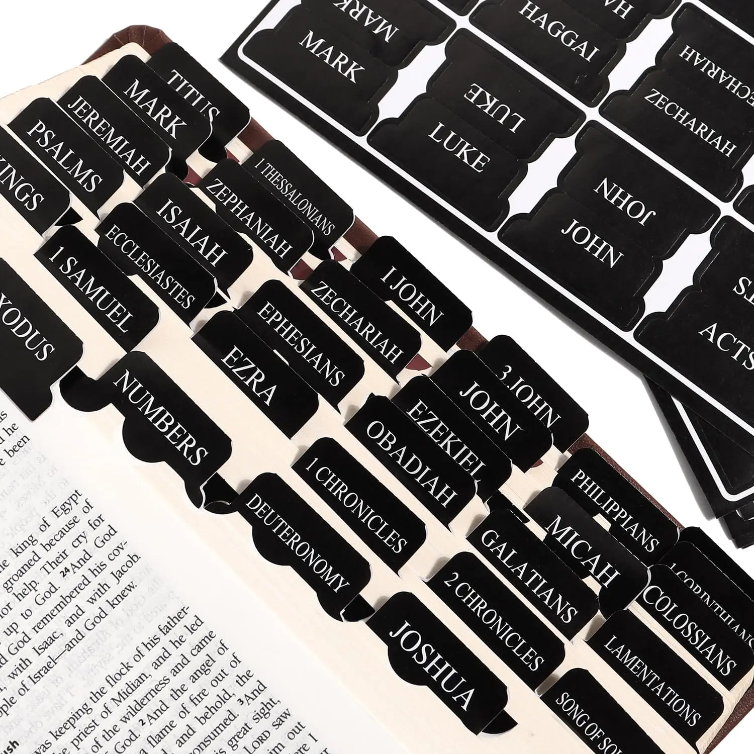 Black Bible Adhesive Tabs, Office Stationery Supplies, 0.1mm High-Toughness Ultra-Thin Paper Index Tabs with 66 Old & New Testament Markers, 24 Customizable Book Dividers for Scripture Study, Affordable Gift Set for Men (Boosts Study Productivity)