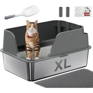 Stainless Steel  Litter Box with Lid,  XL  Metal Pan Litter Box for Big Cats, High Sided, Anti- Leakage,Odor-Free, with Scoop &Trash Bag*2 & Mat & Sticker, Grey