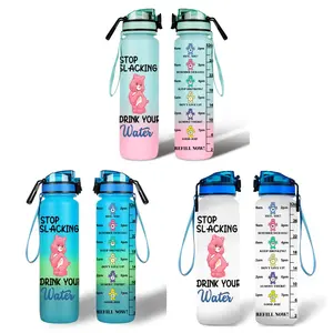1pc 32oz motivational sports water bottle, made of frosted plastic with a pink bear cartoon design, is perfect for outdoor sports, hiking, and fitness. It features a measuring scale and makes a great gift for family and friends.