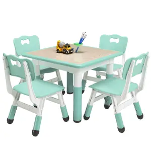 Multiple colors/finishes Kids Table and Chairs Set, Toddler Height Adjustable Desk with Graffiti Desktop, 4 Seats-A