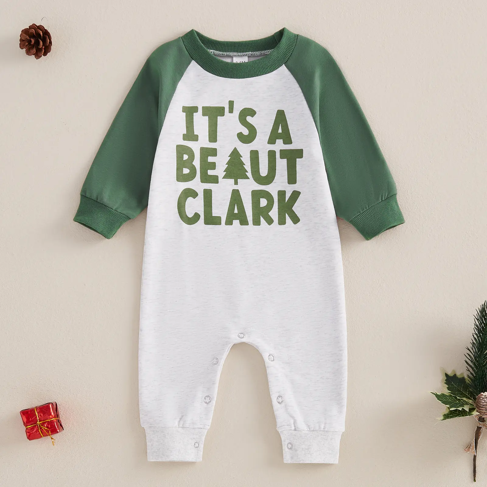 Baby Boy Christmas Jumpsuit, 'It's a Beaut Clark' Long Sleeve Cotton Raglan Romper, Funny Infant Holiday Outfit, Baby Boy Clothes, Infant Outfit