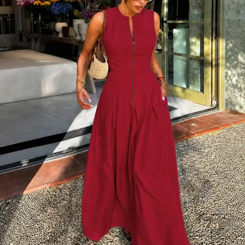 UOOZEE Women's Comfortable Casual Loose A-line Flow Round Neck Sleeveless Maxi Dress - 95% Dacron, 5% Spandex, Pleated Gown with Pockets, Slit, Spring Fashion