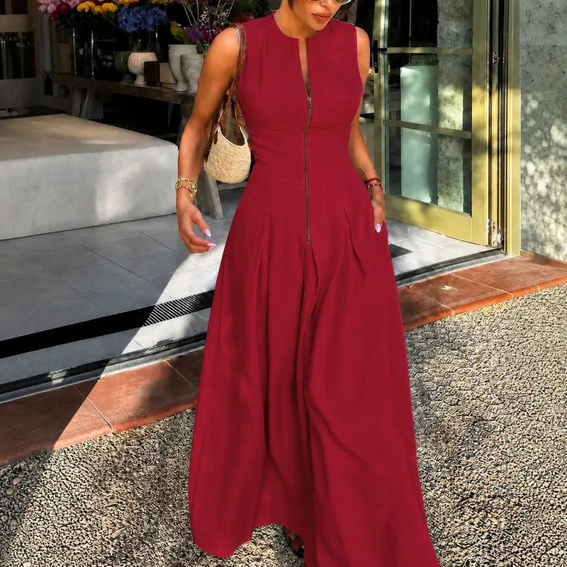 UOOZEE Women's Comfortable Casual Loose A-line Flow Round Neck Sleeveless Maxi Dress - 95% Dacron, 5% Spandex, Pleated Gown with Pockets, Slit, Spring Fashion