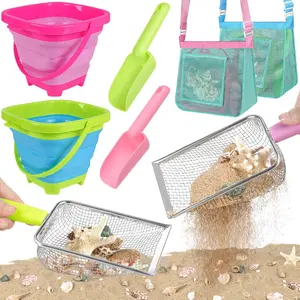 P-TBT054   Beach Toys, Sand Toys with 2 Collapsible Beach Bucket and Beach Mesh Shovel, Sand Shovel, Shark Tooth Sifter and Mesh Bag for Shell Collecting, Sand Dipper Beach Scoop for Kids Boys Girls