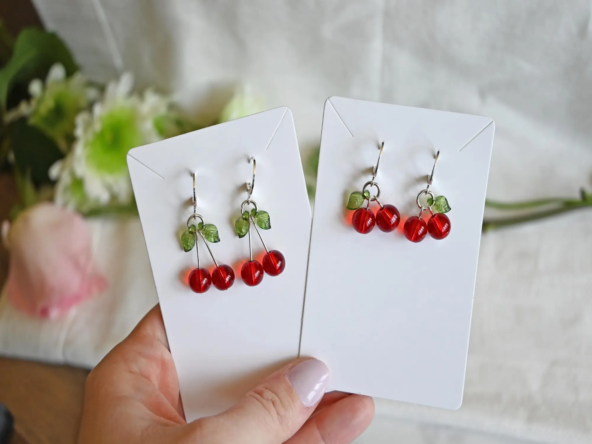 Red Cherry Dangle Earrings - Stainless Steel & Glass, Handmade Beaded, Vibrant Glass Beads, Acrylic Green Leaf, Lightweight & Trendy, Long & Short Options, Kawaii Style, Fruity Charm