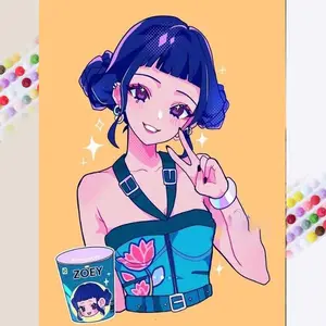 1 DIY handmade diamond painting kit, 5D diamond art set, DIY decoration, blue hair, flower pattern, ramen cup. Diamond painting kit with full round drills, mosaic, diamond art, DIY home decor, suitable for Christmas.