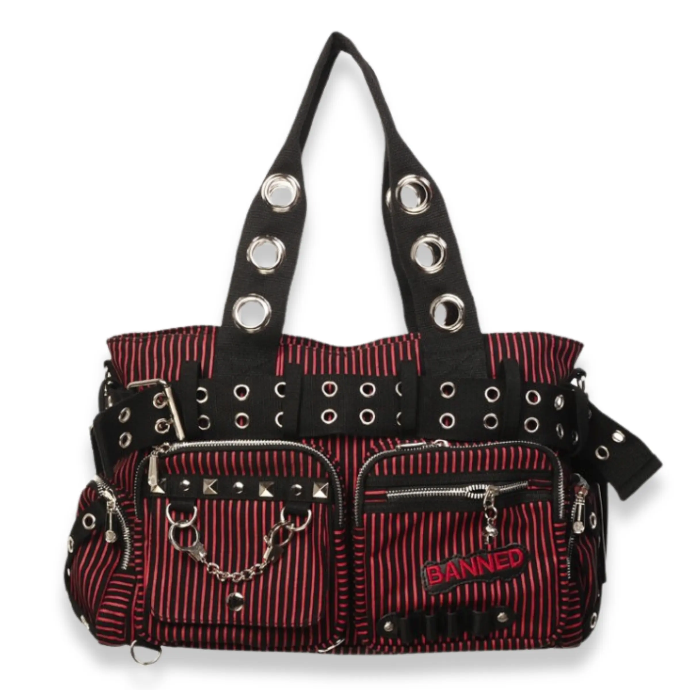 Red Pinstripe Belt Shoulder Bag With Patch