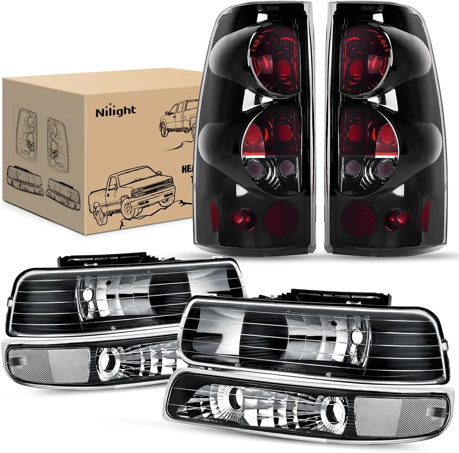 Nilight OE-Style Automotive Truck Vehicle Light Combo Set - Black Housing Smoke Headlamps with Brightening Headlight Cover, Replacement for 1999-2002 Chevy Silverado 1500/2500, 2001-2002 1500HD/2500HD/3500 Car Accessories