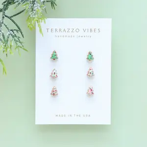 Terrazzo Vibes Christmas Tree Sugar Cookies Mini Stud Earrings Handcrafted Polymer Clay Green Pink White 0.9x0.7x0.3 cm Durable Resin Stainless Steel Post