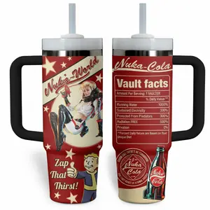 Nuka Cola Tumbler 40oz Fallout Inspired Travel Mug with Handle and Straw Retro Vault Design Cup. 20oz Skinny and curve without handle style tumbler