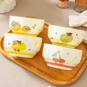 4 Pcs Cute Cherry Persimmon Ceramic Bowl Cartoon Anti-scald Soup Bowl Home Kitchen Noodle Ramen Tableware Bowl Ramen Bowls