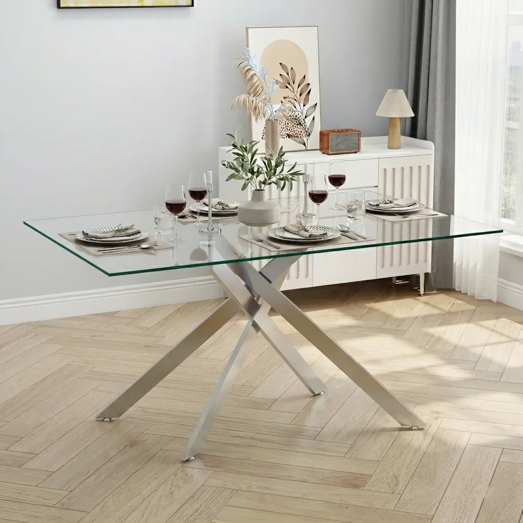 51.18in Rectangle Tempered Glass Dining Table - Chrome-Plated Metal Adjustable Legs, Contemporary Table, Scratchresistant Silver Modern Indoor Furniture for 4-6 Persons, Assembly Required (Living Room & Kitchen Use)