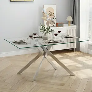 51.18" Rectangular Tempered Glass Dining Table, Chrome Plated Metal Legs for Living Room & Kitchen, Modern Aesthetic, Silver