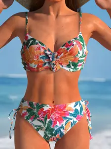 Women's Bikini Two-Piece Set, V-Neck Cross Knot Top, Low Waist Drawstring Swimwear, Tropical Floral Print, Bohemian Style, Bohemian Influence, Beach Vacation