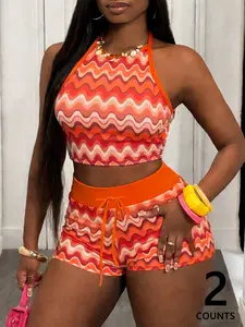 Women's Two-Piece Set, Vintage Wavy Stripe Halter Neck Cropped Top & Shorts, Vibrant Orange Casual Matching Set, Ideal for Vacations & Daily Wear