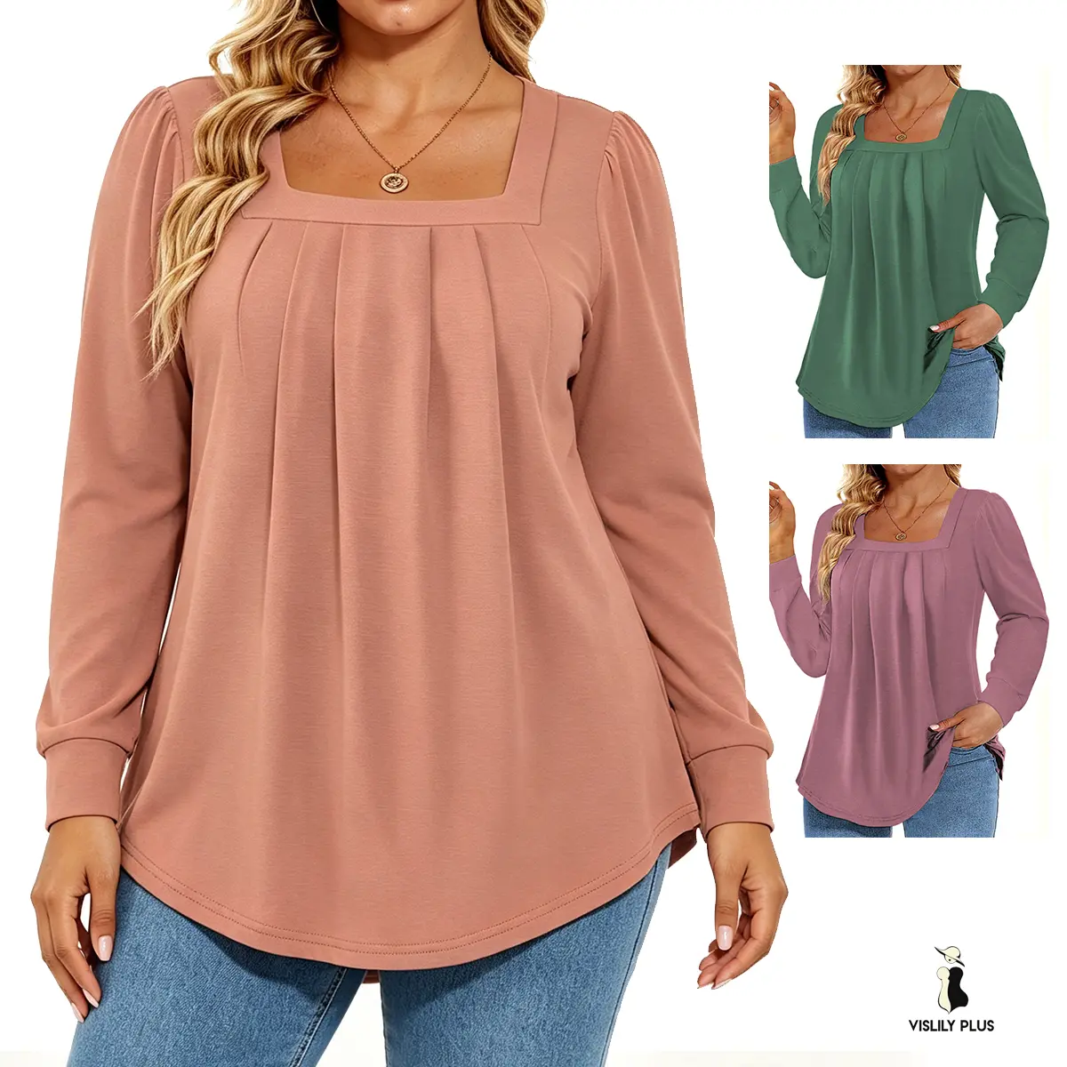 Women's Plus Size Square Neck Front Pleated Elegant Long Sleeve Tunic Tops Fall Winter Casual Dressy Oversized Cardigan Blouses Clothing Soft Breathable Stretchy Fabric Flowy Style solid color XL-5XL DPS1120 Womenswear