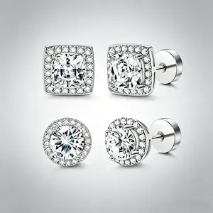 Women's 4-Pack Luxury Halo Zircon Plug Earrings - Gold & Silver Round Square Styles, Hypoallergenic Copper Metal Coating Earrings with Jewelry Box, Female Birthday Gift