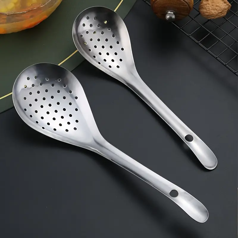 2pcs Stainless Steel Kitchen Spoon Strainer Utensils - Durable Food Gripper with Fine Mesh, Ergonomic Handle, Easy-to-Clean Design for Dumplings, Noodles, Hot Pot
