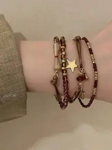 Women's Vintage Braided Beaded Layered Bracelet Set, Ethnic Style Jewelry Gift, 4-Piece Handmade Accessory Collection