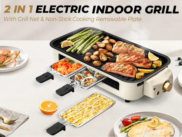 Product Introduction of Pukomc Electric Indoor Grill,2 in 1 Indoor Grills for Kitchen with Grill Net & Non-Stick Cooking Removable Plate, Temperature Control, Dishwasher Safe, 1500W Smokeless barbecue Universal Griddle 1