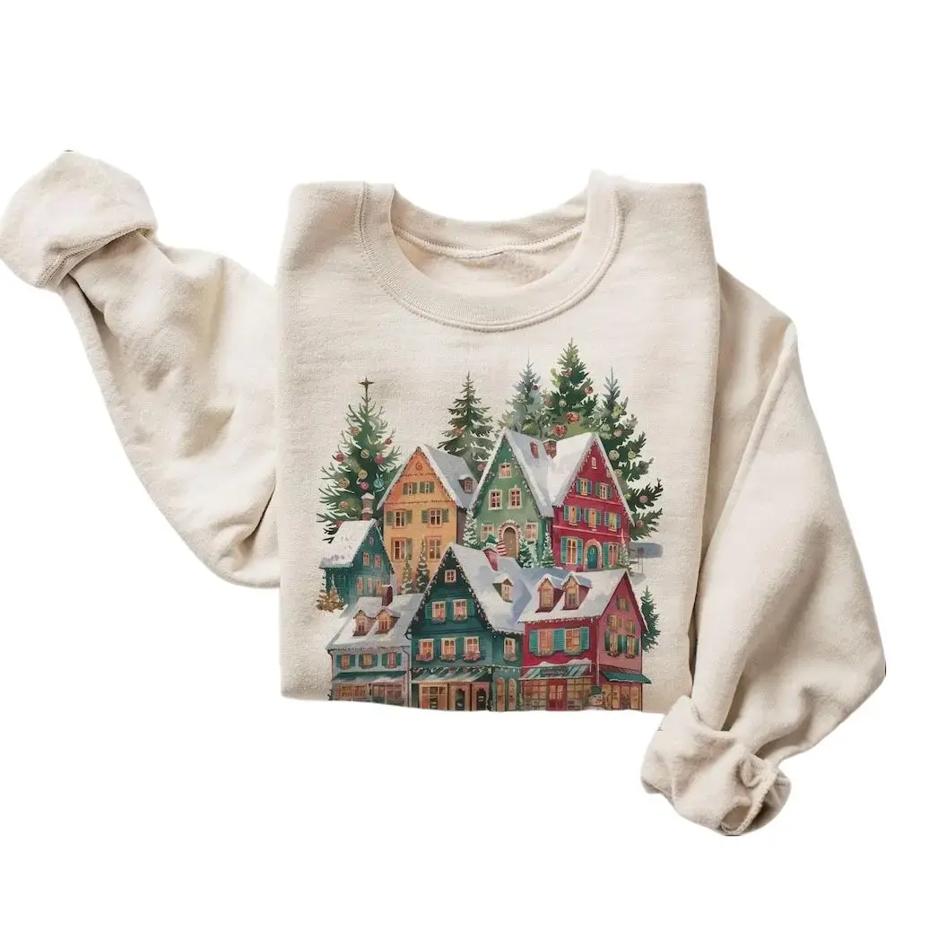 Women's Retro Bavarian Christmas Village Shops Long Sleeve Hoodie - 90s Vintage Casual Cotton Tops with Decorated Pine Trees, Snowman, Deer