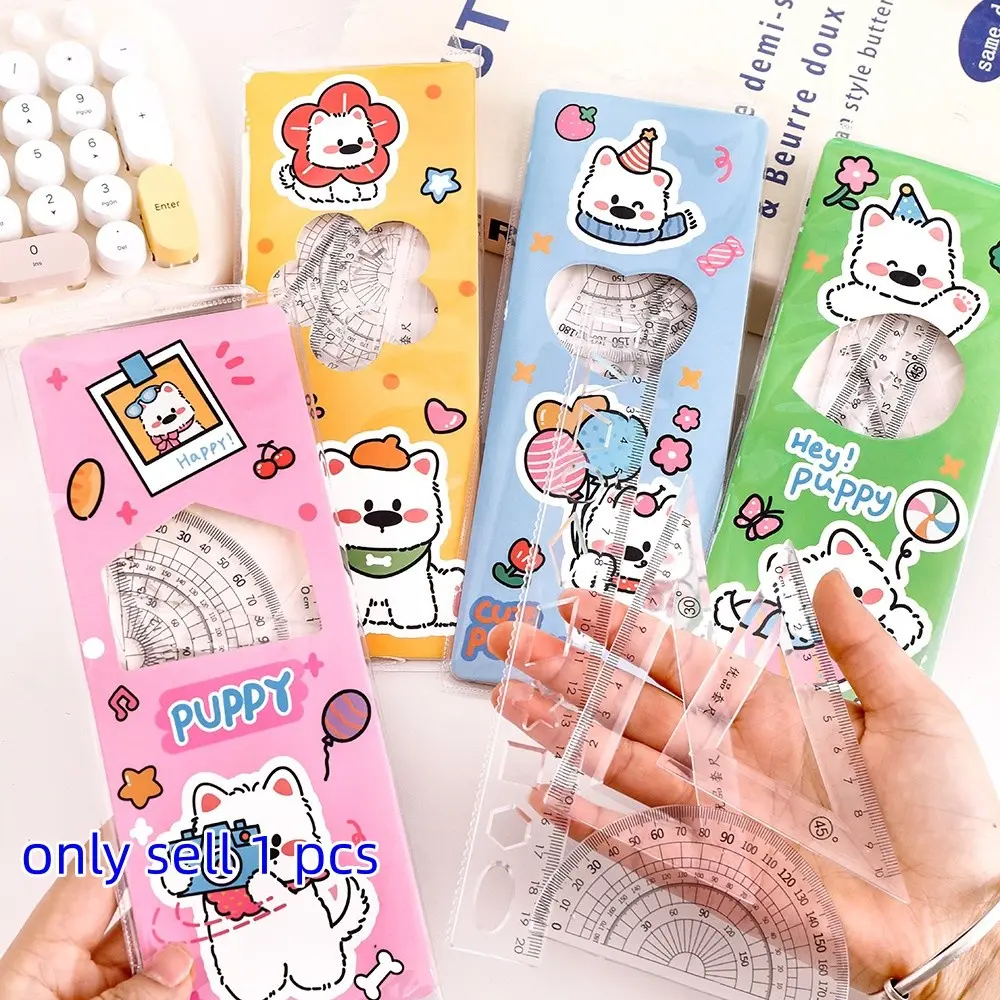 Elementary School Ruler Set, Cartoon Straight Edge Triangle Board Kit, Four-Piece Stationery Gift, Student Supplies, Clear Ruler, Measuring Instrument