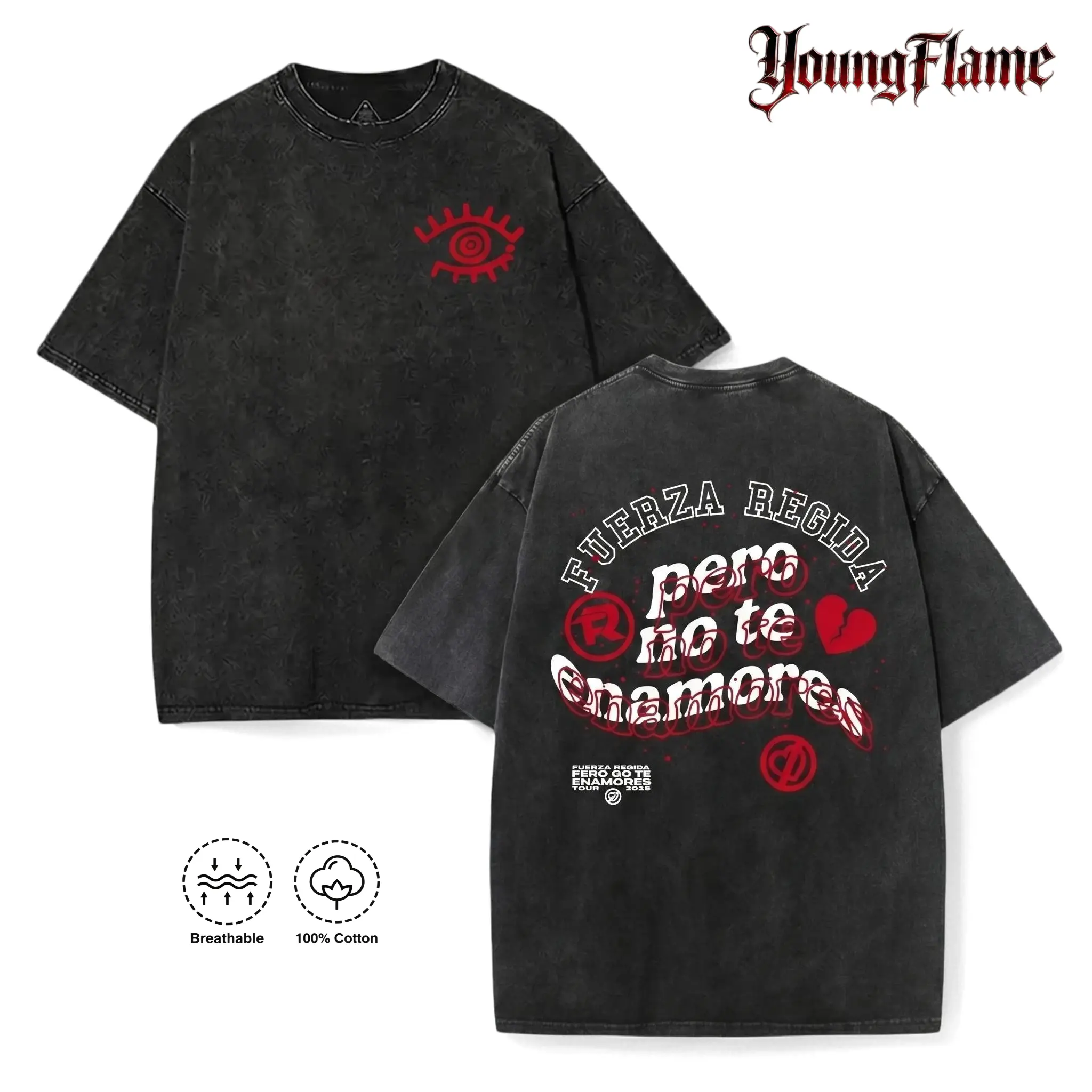 YoungFlame Fuerza Regida Acid Wash Graphic T-Shirt - Pero No Te Enamores Print, Men's 100% Heavyweight Cotton Short-Sleeve Retro Aesthetic 2026 Summer Streetwear Casual Top