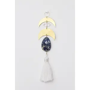Crescent Moon Sun Catcher – Brass Crystal Wall Art with Lapis Lazuli & Quartz